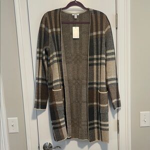 Nine West Brown and Cream Plaid Cardigan
